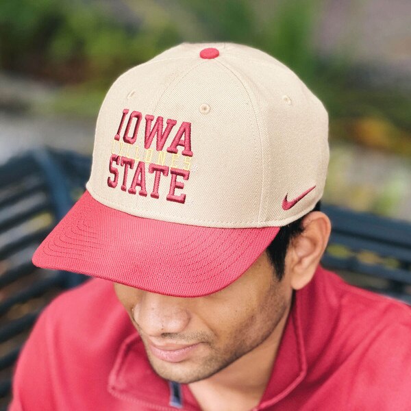 Nike Iowa State Cyclones Cardinal and Beige FA26 Structured Swooshflex Rise Hat front